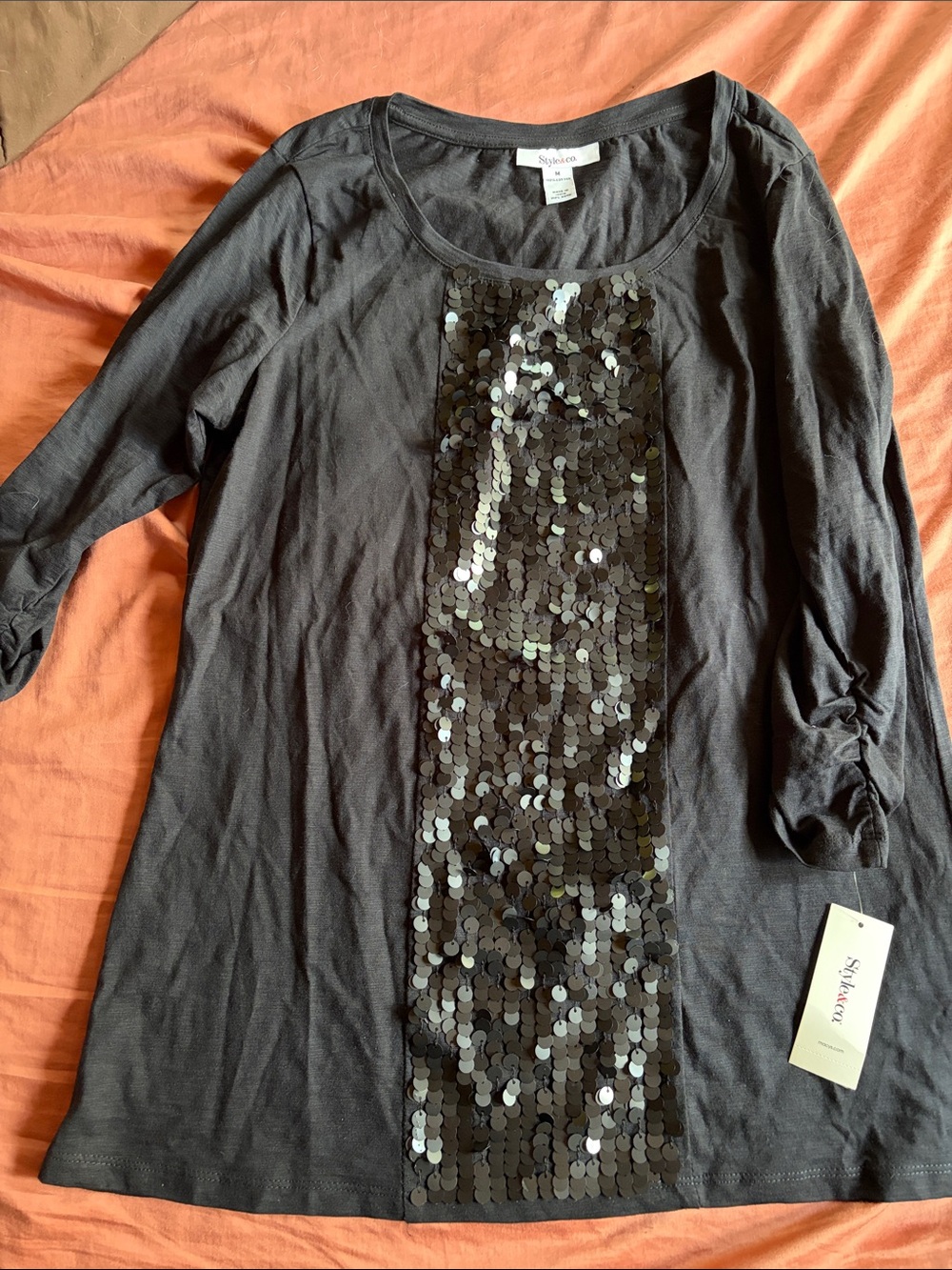 Style & Co. black top size M black Sequin-Front Long Sleeve Top